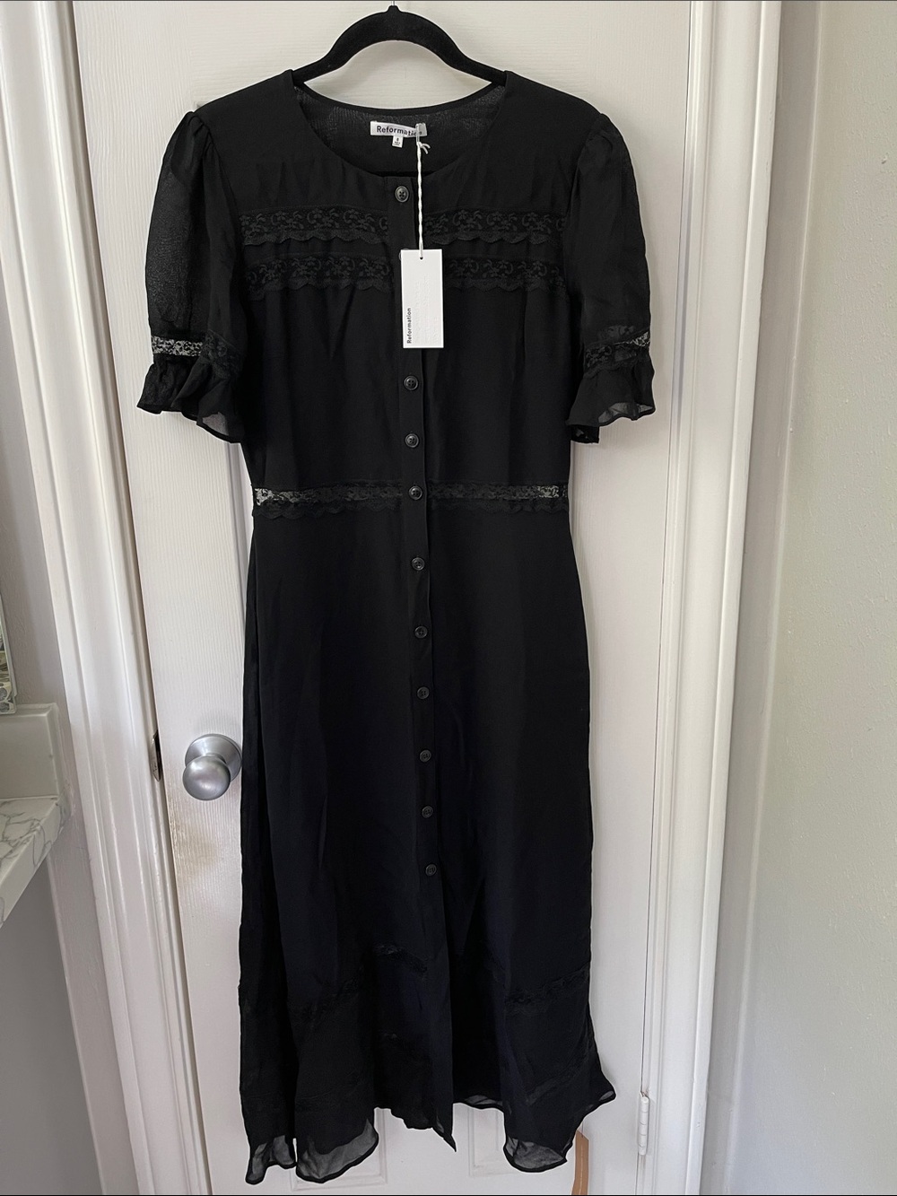 NWT Reformation Woodson Black Button-Front Maxi Dress with Lace Trim